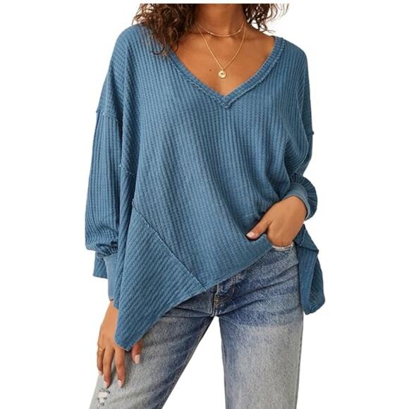 Free People We The Free Coraline Blue Thermal Oversized Pullover Size XS Boho - Picture 3 of 11